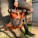 Stylish Roll Top Leather Backpack with Colorful Kilim Pattern