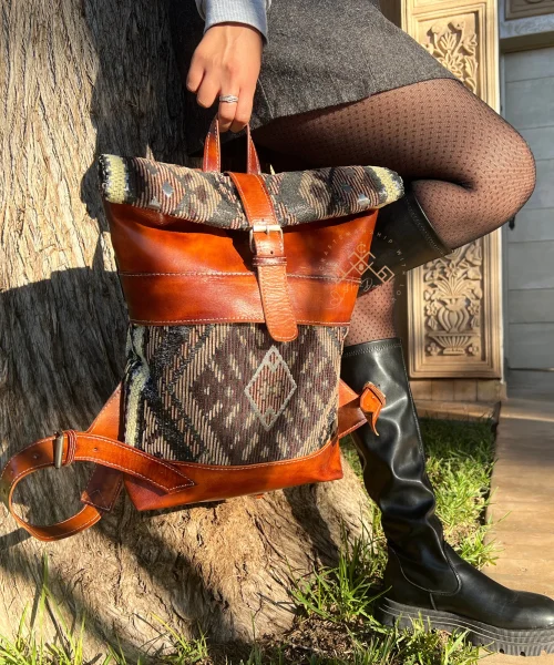 Stylish Roll Top Leather Backpack with Colorful Kilim Pattern