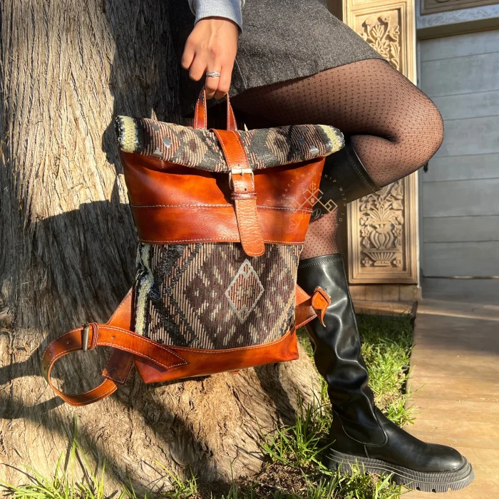Stylish Roll Top Leather Backpack with Colorful Kilim Pattern