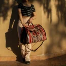 Premium Brown Leather Travel Bag with Colorful Red Kilim Pattern
