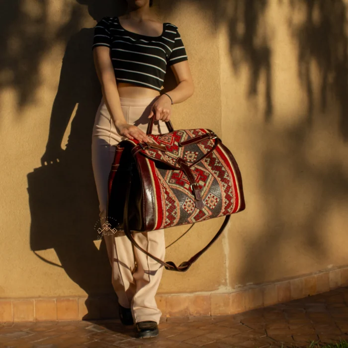 Premium Brown Leather Travel Bag with Colorful Red Kilim Pattern - Image 6