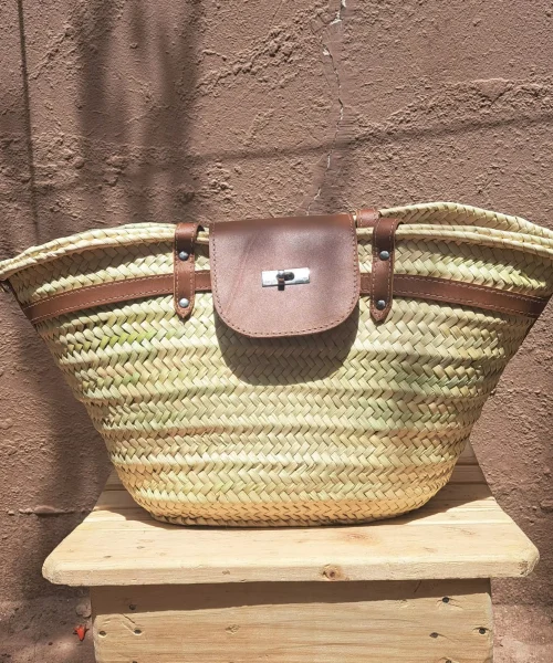 Straw french baskets with Brown leather strap