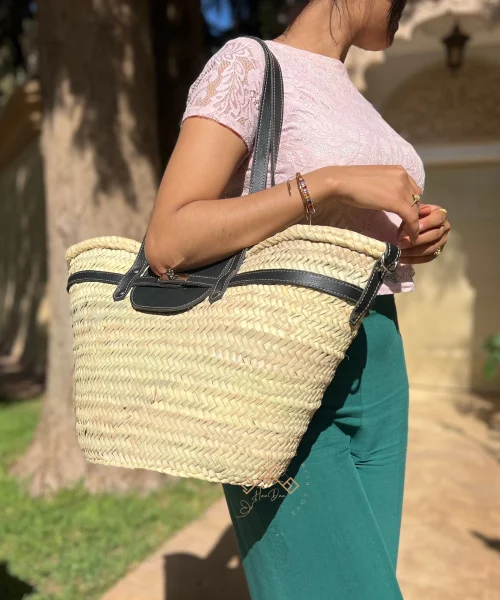 Black straw french baskets with leather strap