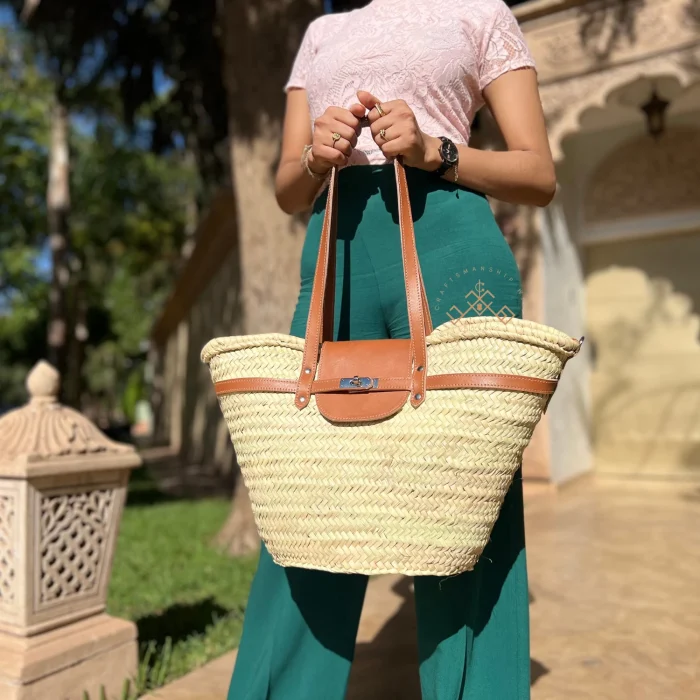 Brown handmade straw french baskets with leather strap - Image 8