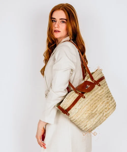Stylish Artisanal Straw Baskets with Brown Leather Strap