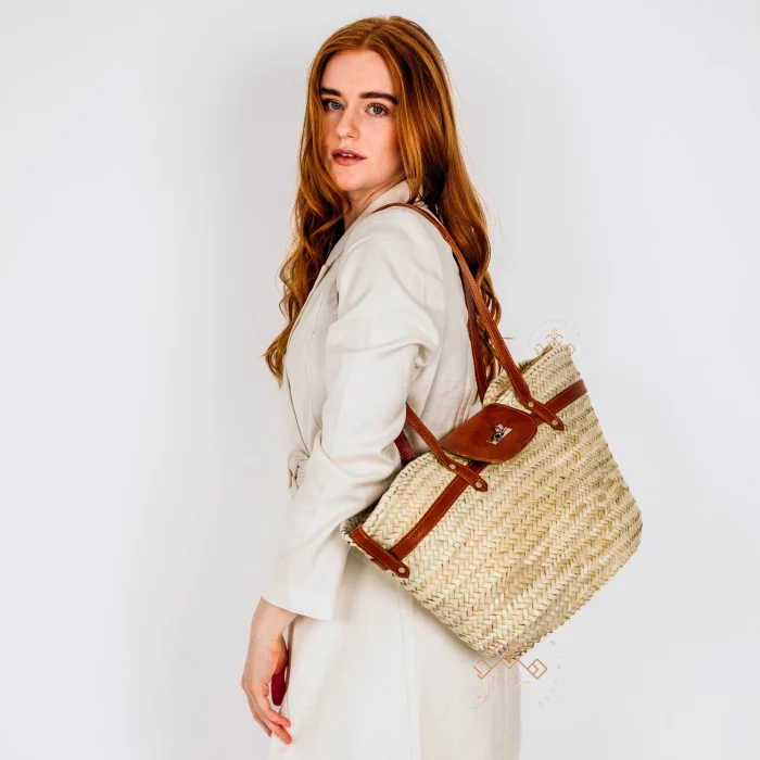 Stylish Artisanal Straw Baskets with Brown Leather Strap