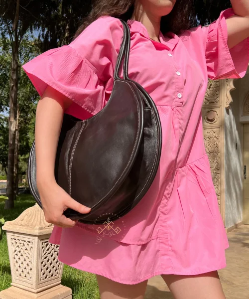 Dark Brown Round Leather Handbag for Women