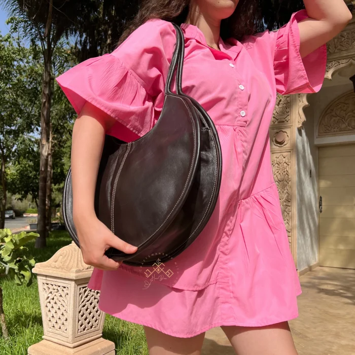 Dark Brown Round Leather Handbag for Women
