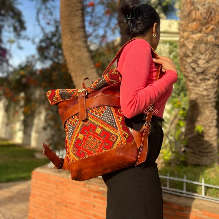 Brown Roll Top Leather Backpack With Red & Orange Kilim - Image 5