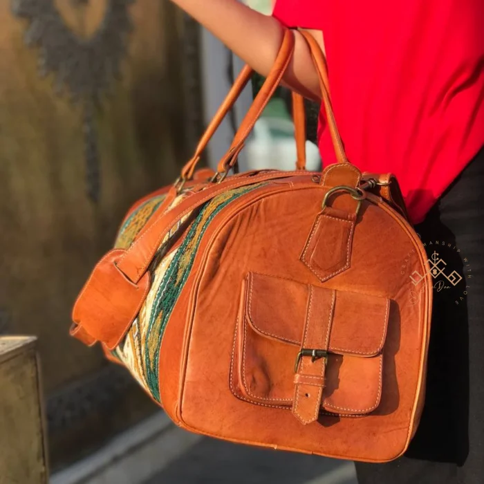 Brown Kilim Travel Bag with green Carpet Design - Image 4