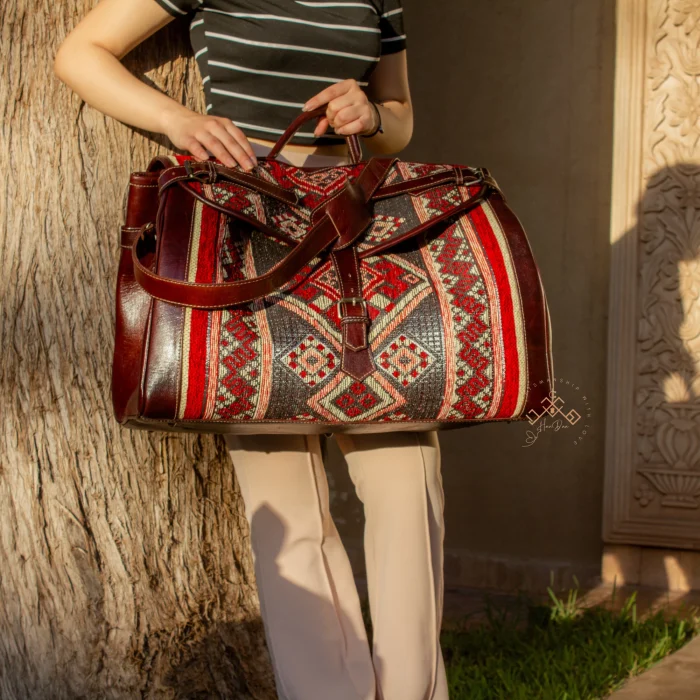 Premium Brown Leather Travel Bag with Colorful Red Kilim Pattern - Image 5