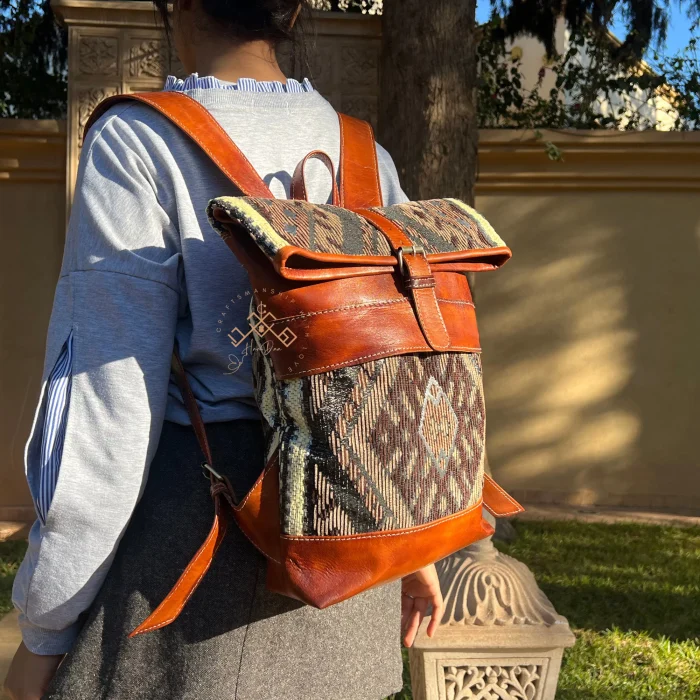 Stylish Roll Top Leather Backpack with Colorful Kilim Pattern - Image 7