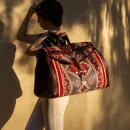 Premium Brown Leather Travel Bag with Colorful Red Kilim Pattern