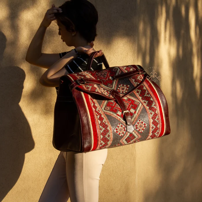 Premium Brown Leather Travel Bag with Colorful Red Kilim Pattern - Image 2