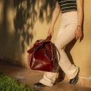 Premium Brown Leather Travel Bag with Colorful Red Kilim Pattern
