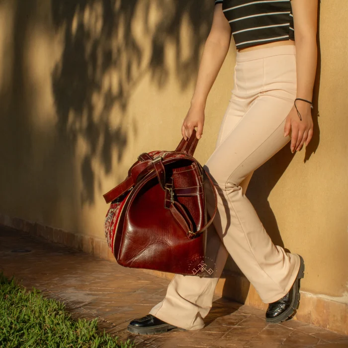 Premium Brown Leather Travel Bag with Colorful Red Kilim Pattern - Image 7
