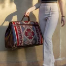Premium Brown Leather Travel Bag with Colorful Red Kilim Pattern