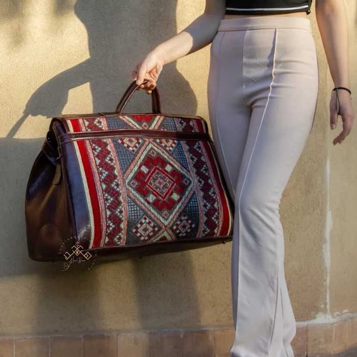 Premium Brown Leather Travel Bag with Colorful Red Kilim Pattern - Image 3