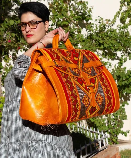 Large Orange Kilim Travel leather Bag