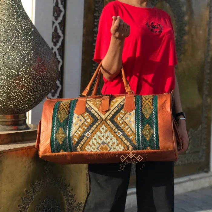 Brown Kilim Travel Bag with green Carpet Design - Image 2