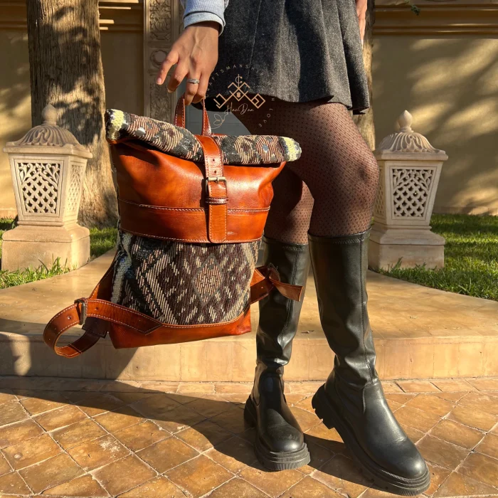 Stylish Roll Top Leather Backpack with Colorful Kilim Pattern - Image 6
