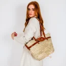 Stylish Artisanal Straw Baskets with Brown Leather Strap