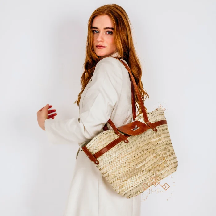Stylish Artisanal Straw Baskets with Brown Leather Strap - Image 6