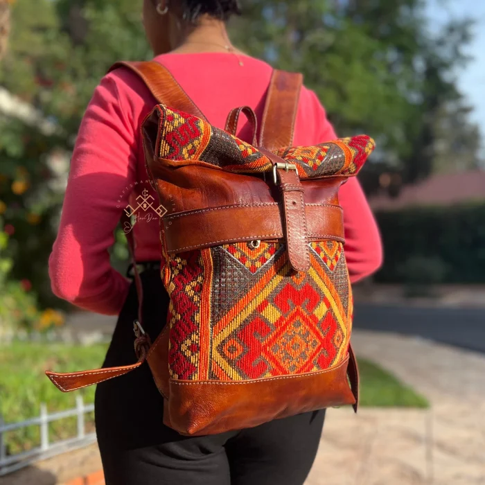 Brown Roll Top Leather Backpack With Red & Orange Kilim - Image 3