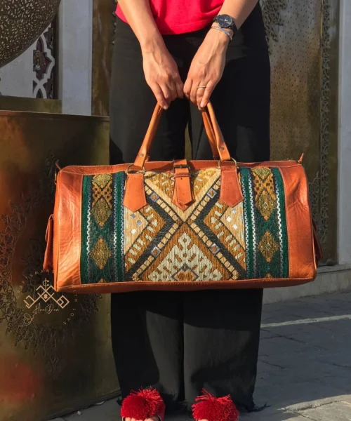 Brown Kilim Travel Bag with green Carpet Design