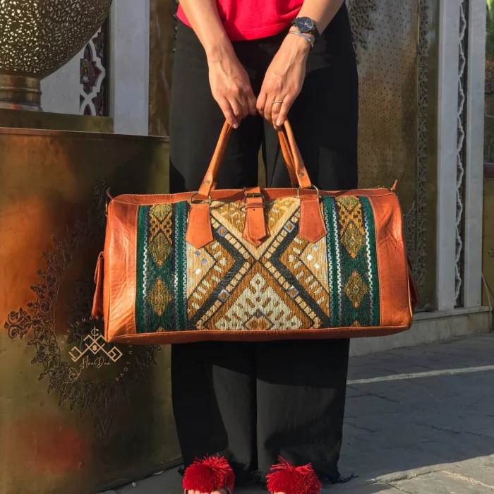 Brown Kilim Travel Bag with green Carpet Design