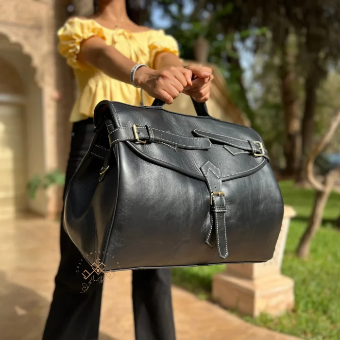 Black Handmade Genuine Leather travel Bag - Image 6