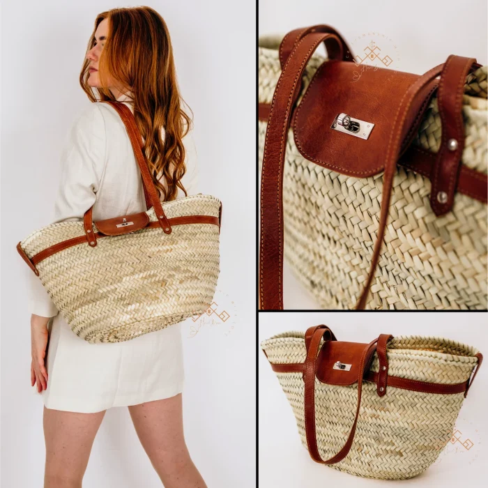 Stylish Artisanal Straw Baskets with Brown Leather Strap - Image 5
