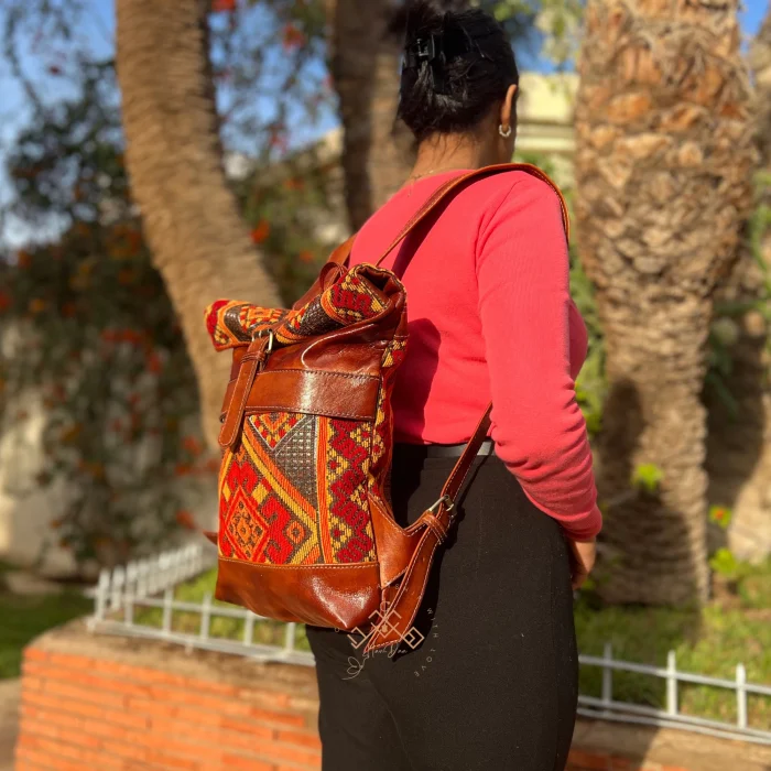 Brown Roll Top Leather Backpack With Red & Orange Kilim - Image 4