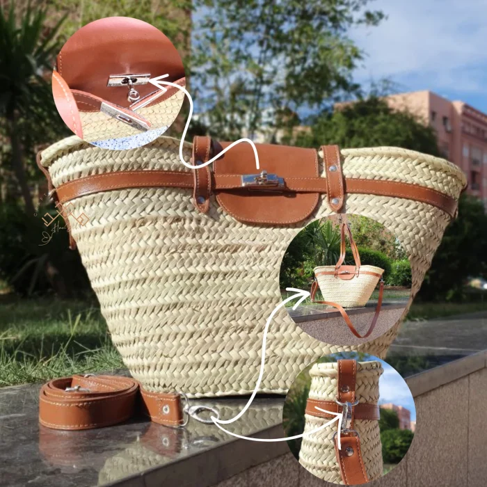 Brown handmade straw french baskets with leather strap - Image 9