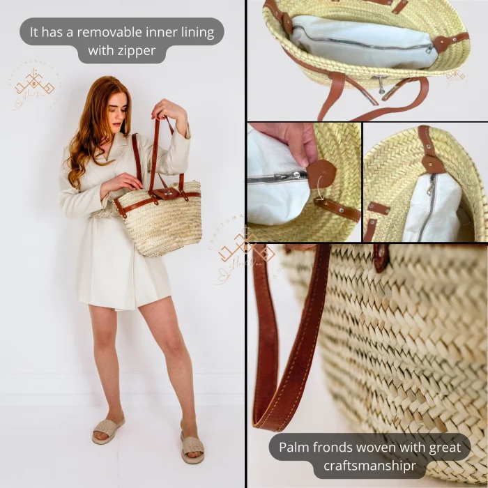 Stylish Artisanal Straw Baskets with Brown Leather Strap - Image 3