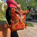 Brown Roll Top Leather Backpack With Red & Orange Kilim