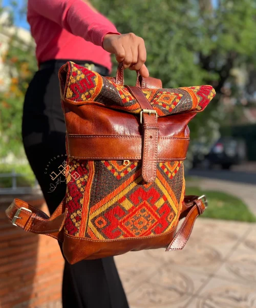 Brown Roll Top Leather Backpack With Red & Orange Kilim