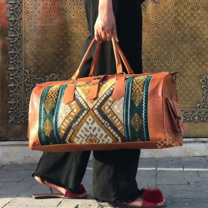 Brown Kilim Travel Bag with green Carpet Design - Image 3