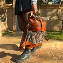 Stylish Roll Top Leather Backpack with Colorful Kilim Pattern