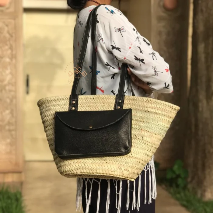 Handwoven Palm Leaf Basket with Leather Handles - Image 9