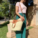 Brown handmade straw french baskets with leather strap