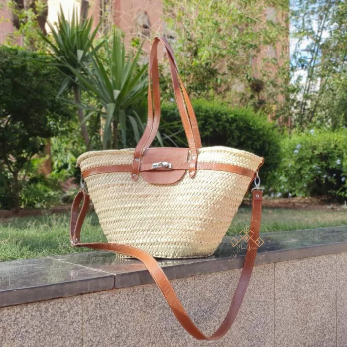 Brown handmade straw french baskets with leather strap - Image 2