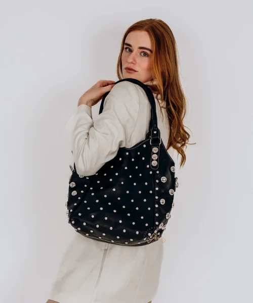 Black Shoulder leather Bag with Rivets