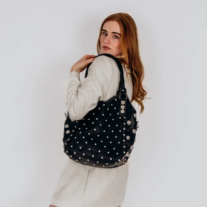 Black Shoulder leather Bag with Rivets