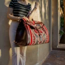 Premium Brown Leather Travel Bag with Colorful Red Kilim Pattern