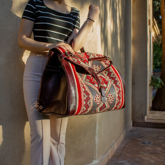 Premium Brown Leather Travel Bag with Colorful Red Kilim Pattern - Image 8