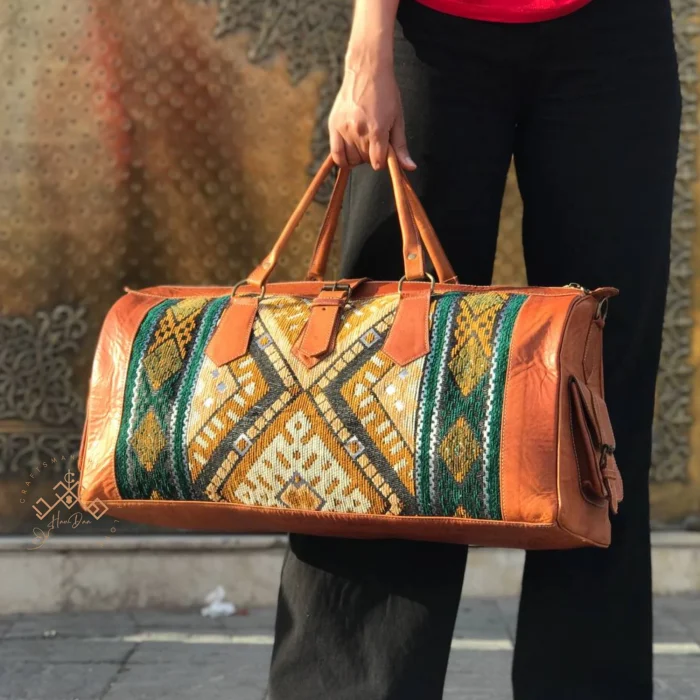 Brown Kilim Travel Bag with green Carpet Design - Image 7