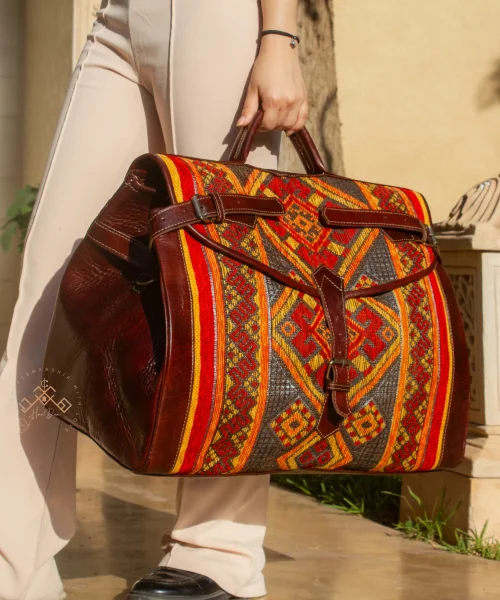 Large Kilim Travel Bag With Original Dark Brown Leather