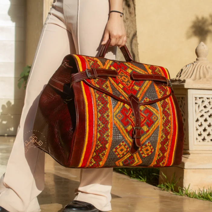 Large Kilim Travel Bag With Original Dark Brown Leather