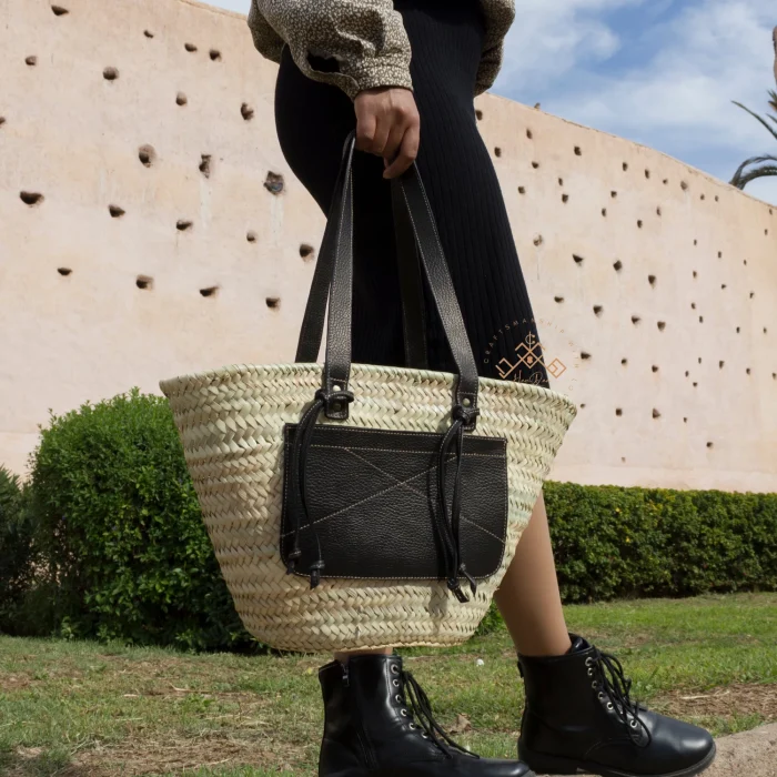 Moroccan Woven Basket with Leather Touch - Image 8